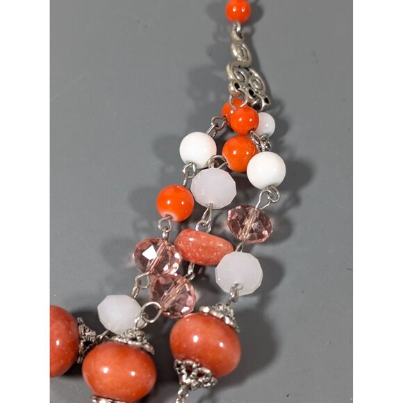 Boho Coastal Chic White Orange Brown Stone Layered Necklace 17" - Picture 5 of 9